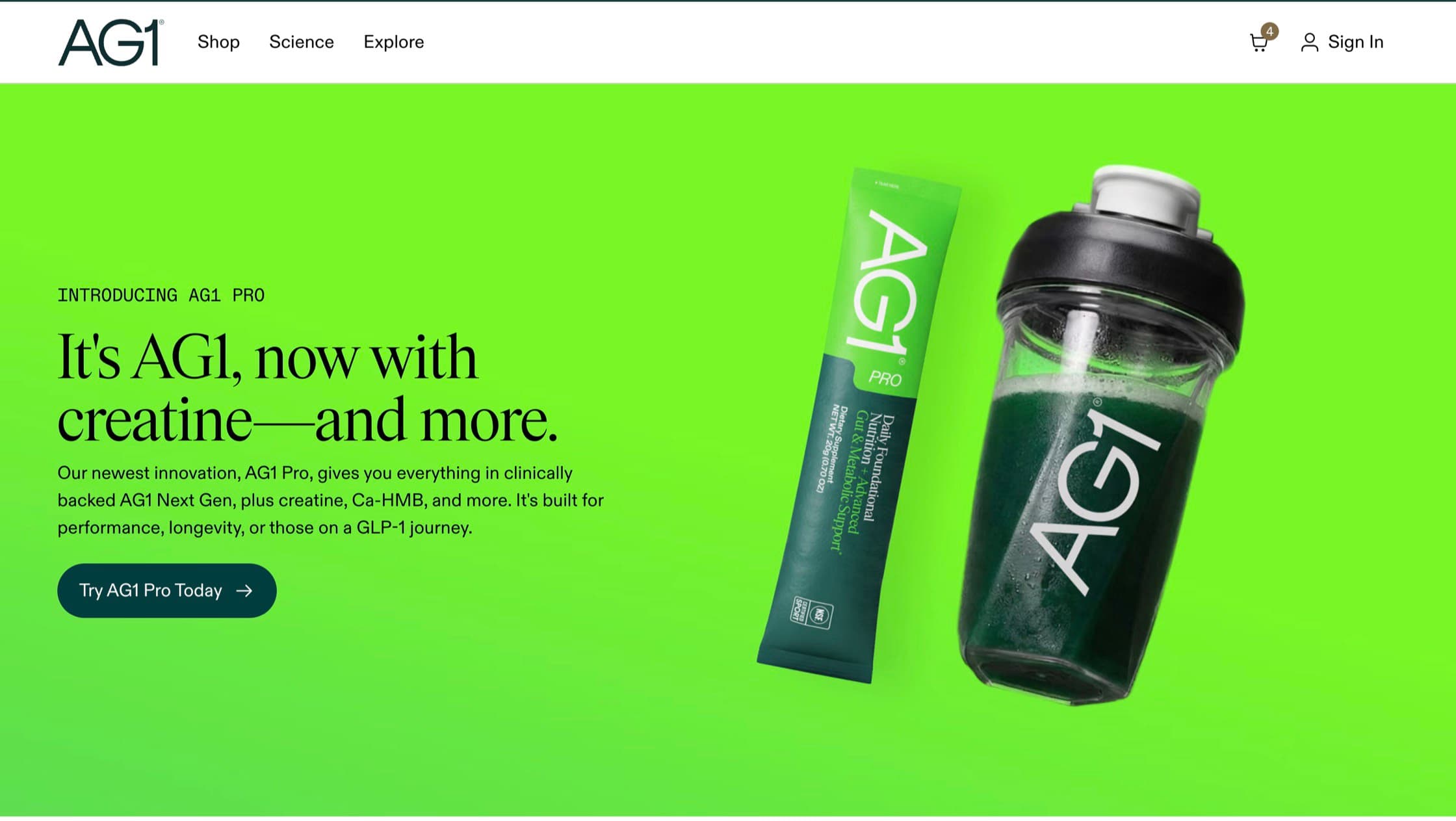 AG1 homepage hero introducing AG1 Pro beside a green travel pack and shaker