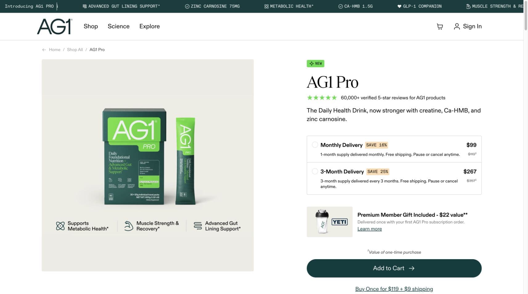 Current AG1 Pro product page with monthly and three-month delivery options
