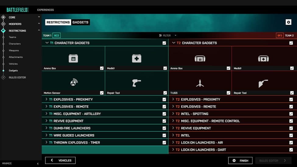 Official Battlefield Portal Builder interface for choosing available equipment