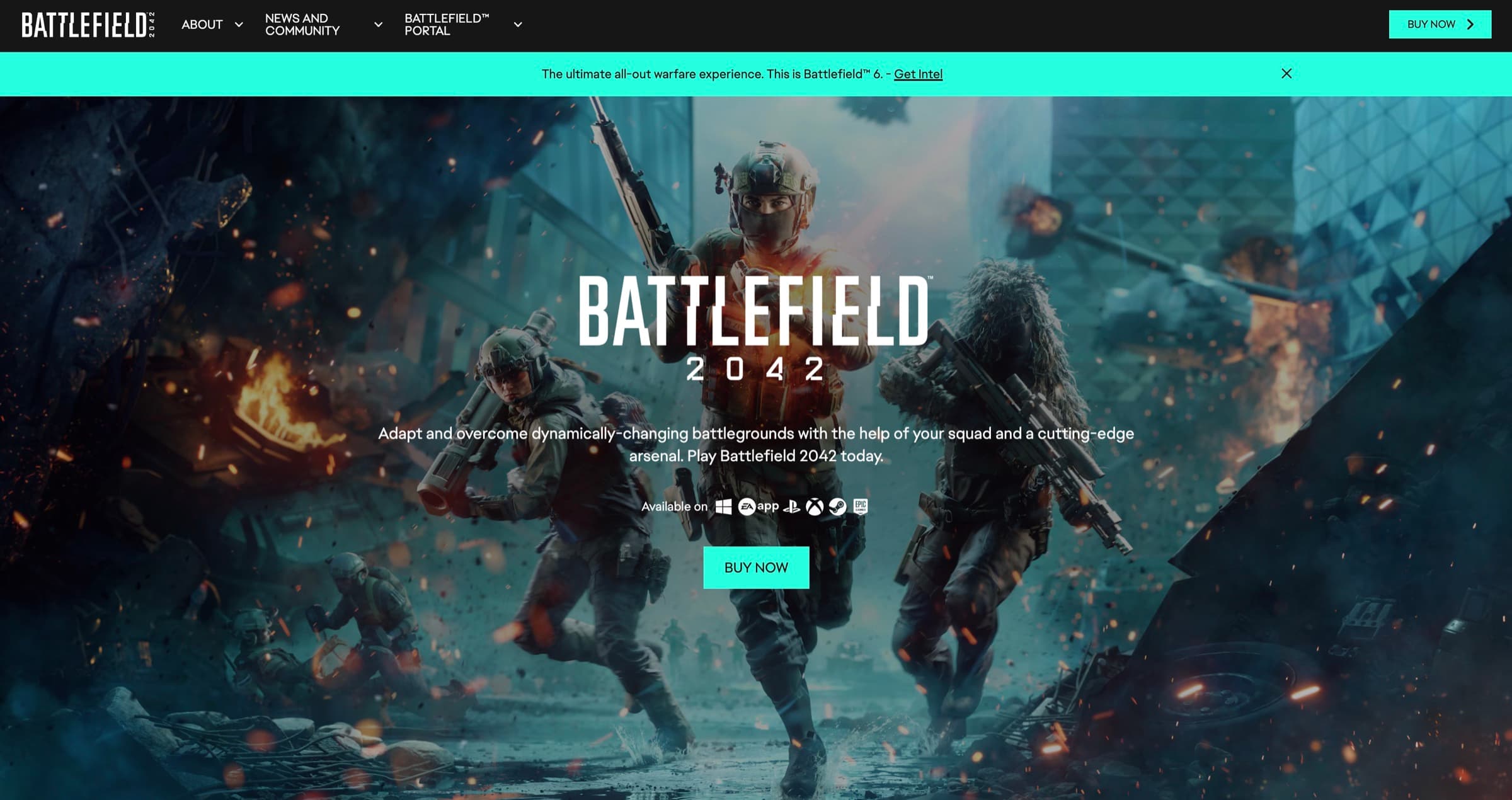 Battlefield 2042 homepage hero showing a squad moving through an urban battle