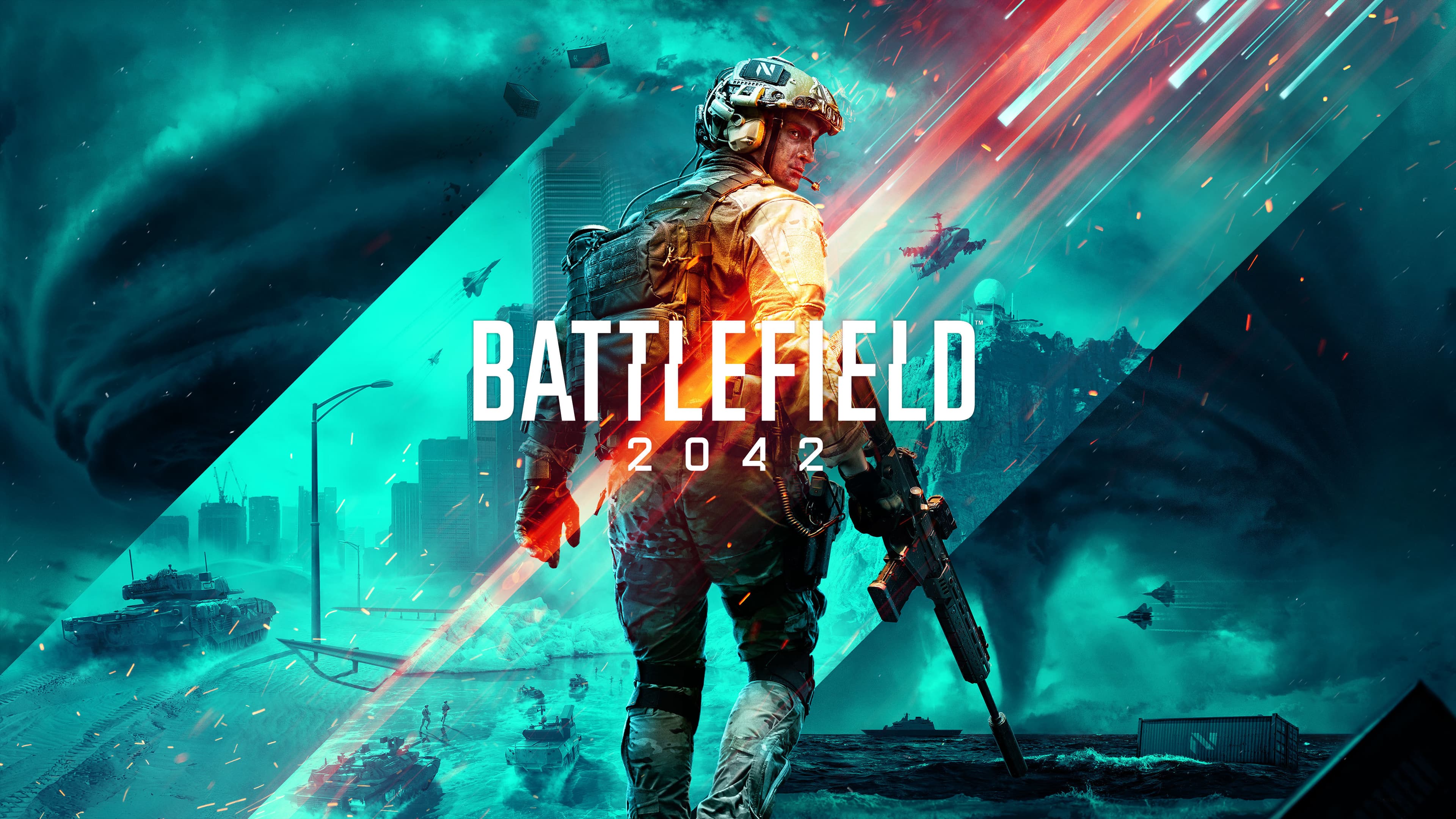 Official Battlefield 2042 key art with a soldier against teal and orange battlefield imagery