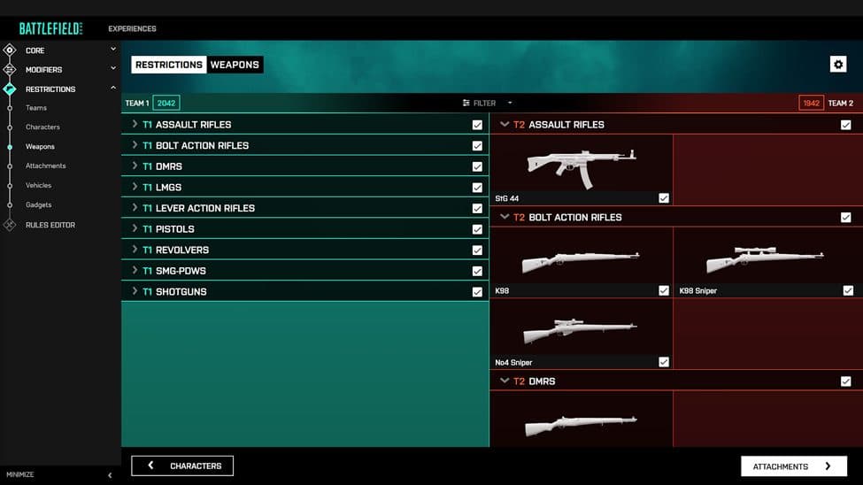 Official Battlefield Portal Builder interface for choosing available weapons