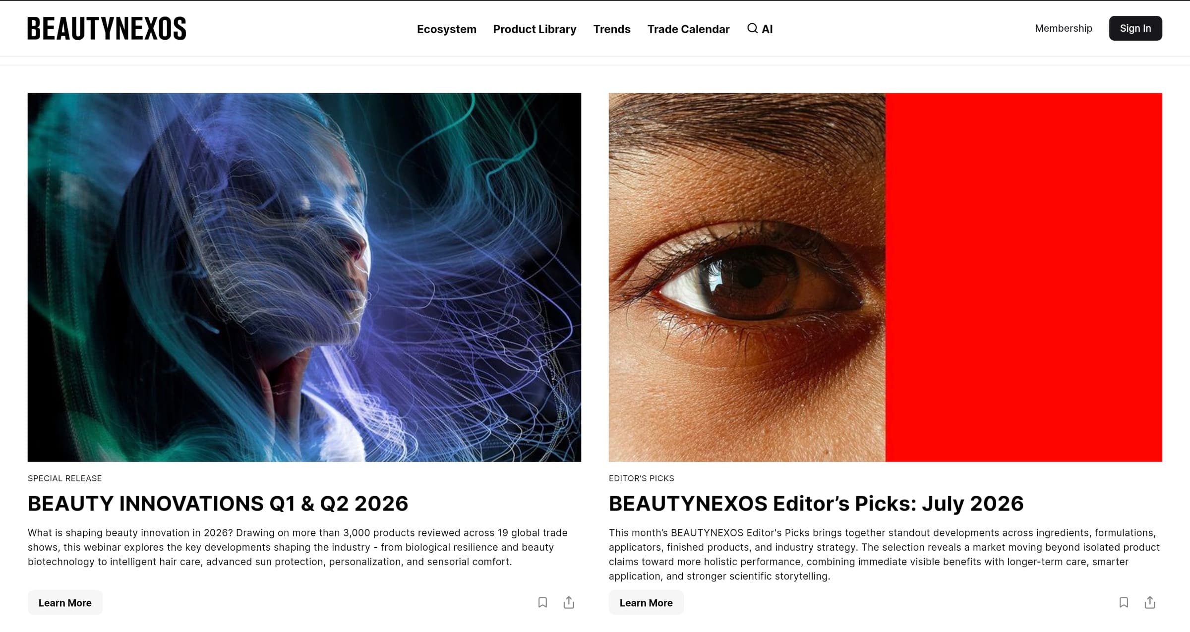 BeautyNexos homepage with two editorial stories about beauty innovation