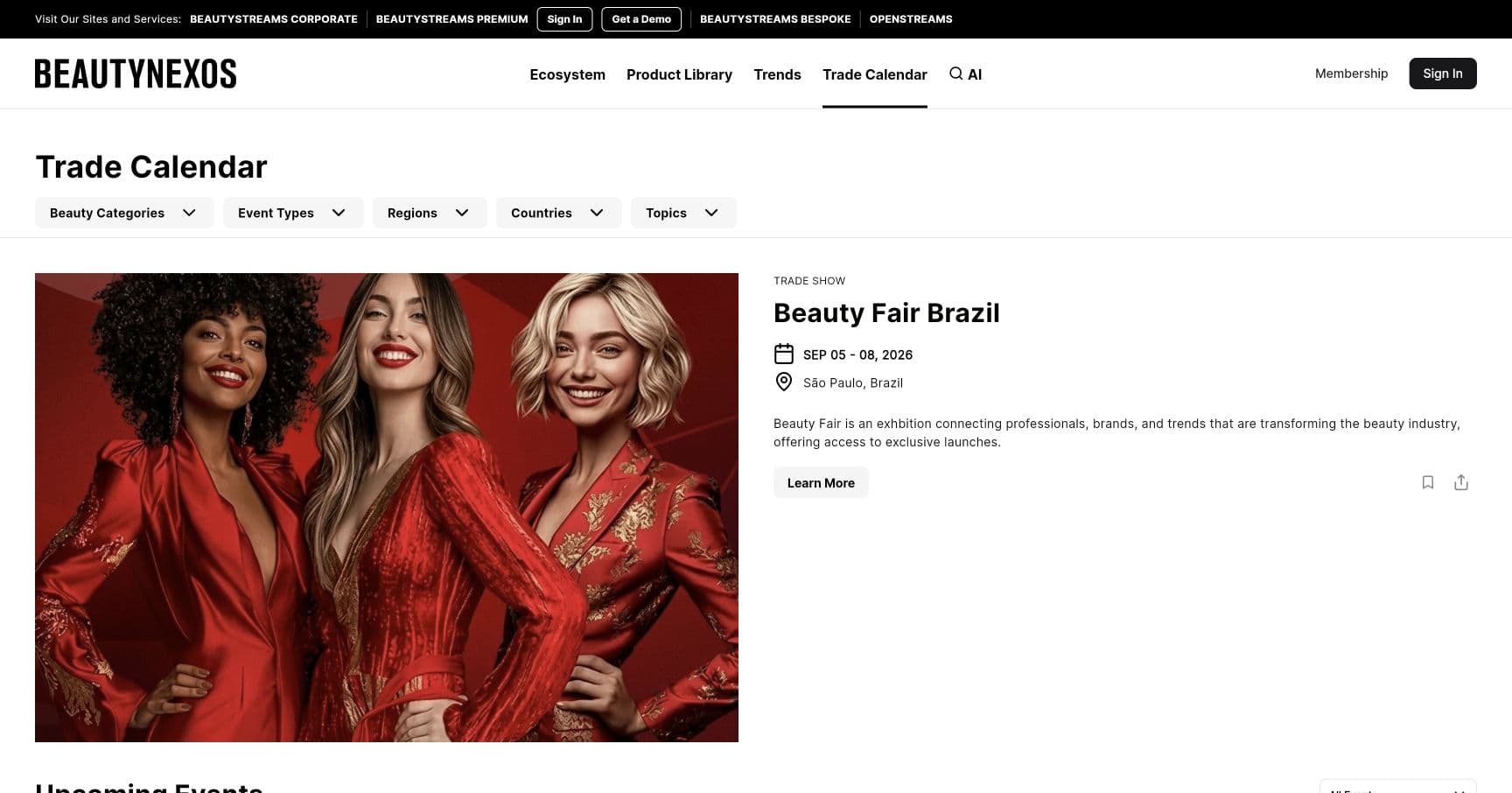 BeautyNexos Trade Calendar with event filters and a featured event
