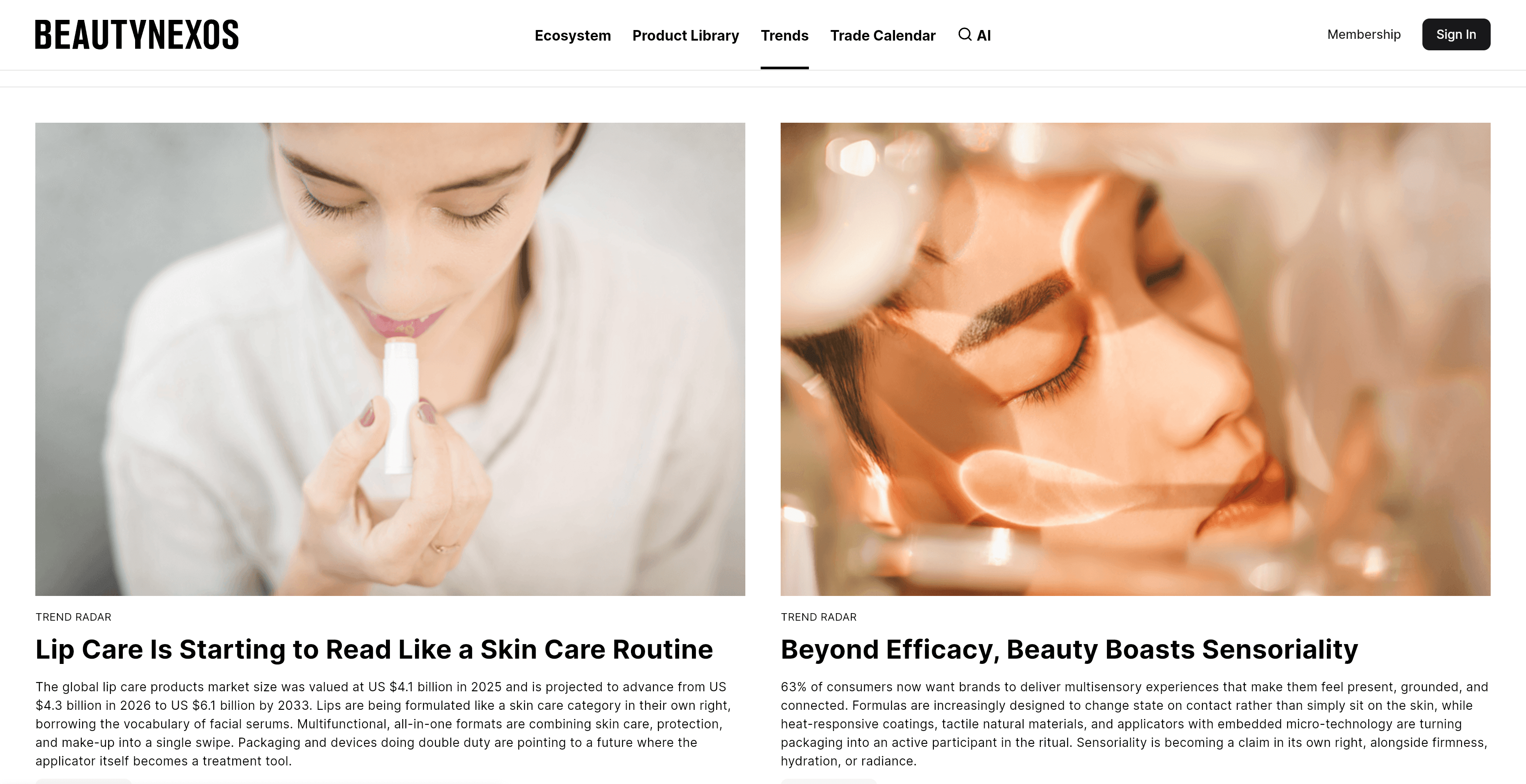 BeautyNexos Trends page featuring lip care and sensory beauty stories